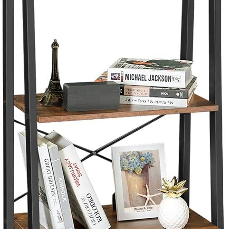 BOXED VASAGLE 4-TIER SHELF LADDER BOOKCASE WITH CUPBOARD - RUSTIC BROWN (1 BOX)