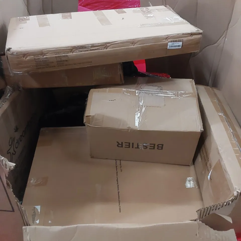PALLET OF ASSORTED HOUSEHOLD ITEMS AND CONSUMER PRODUCTS TO INCLUDE; BABY CRIB, HEATER FAN, BOOSTER SEAT, BOXED FURNITURE ETC 