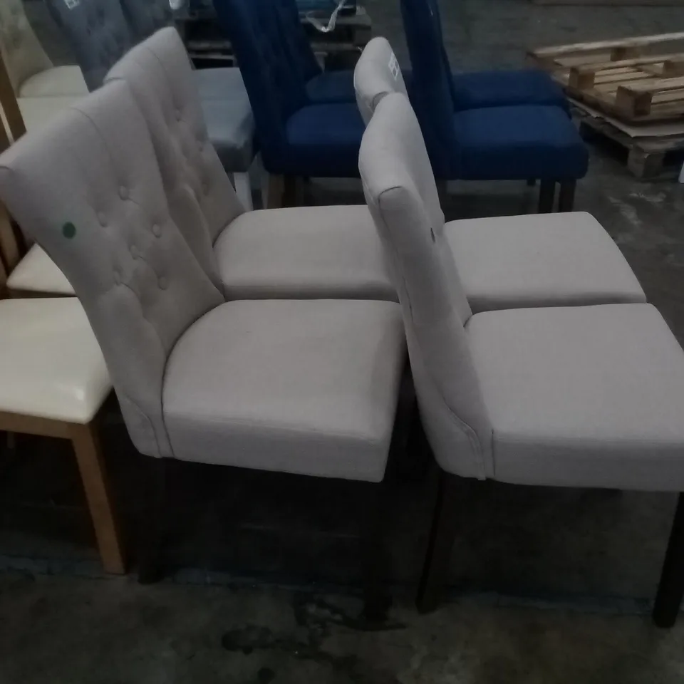 APPROXIMATELY 4 BEIGE FABRIC BUTTON BACK DINING CHAIRS WITH WALNUT LEGS