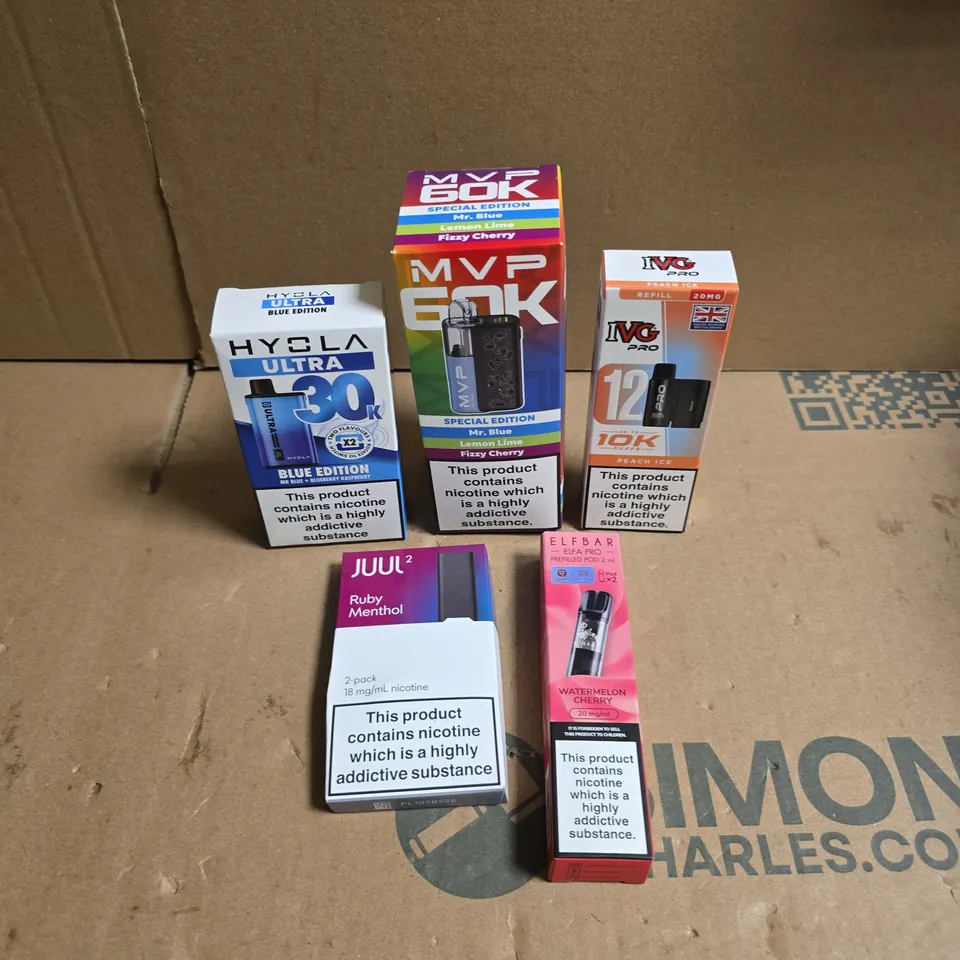 LOT OF APPROXIMATELY 20 ASSORTED ELECTRONIC CIGARETTE ITEMS TO INCLUDE IVG PRO, ELFBAR ELFA PRO PREFILLED POD AND JUUL2 REFILL POD
