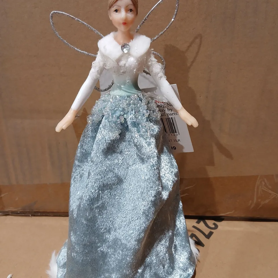 SIX GISELA GRAHAM LONDON ANGEL FIGURINE ORNAMENT WITH GLITTER WINGS, BLUE SATIN GOWN