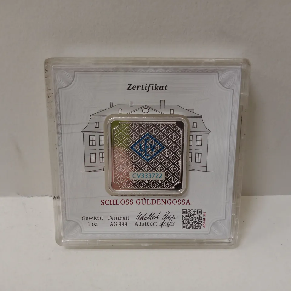 GEIGER SCHLOSS GÜLDENGOSSA 1 OZ SILVER INGOT – CERTIFICATE/DISPLAY CARD