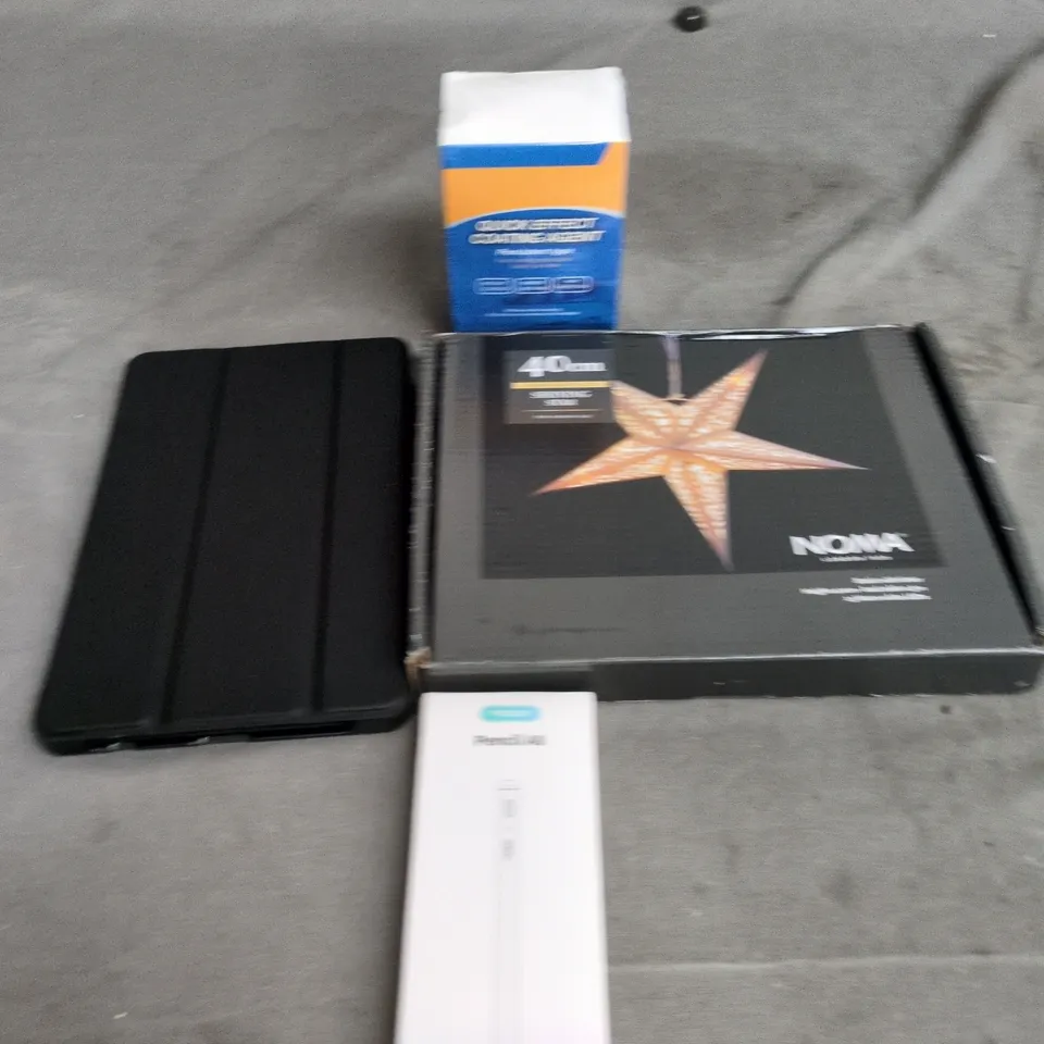 APPROXIMATELY 15 ASSORTED HOUSEHOLD ITEMS TO INCLUDE QUICK EFFECT COATING AGENT, TABLET CASE AND A NOMA SHINING STAR