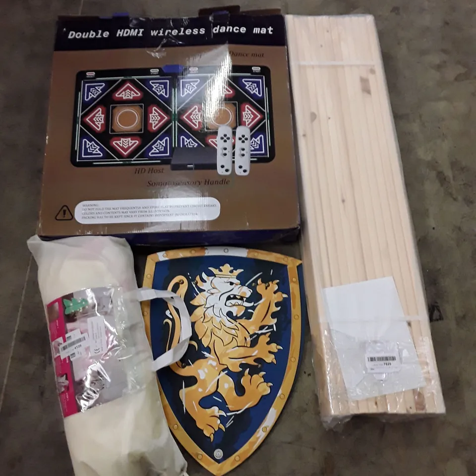 PALLET OF ASSORTED PRODUCTS INCLUDING BED SLATS, DANCE MAT, POP UP TENT, FOAM TOY SWORD & SHIELD, TV WALL MOUNT