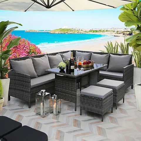 BOXED THALIA RATTAN CORNER SOFA - 8 SEATER GARDEN SET WITH RECTANGULAR TABLE & WEATHERPROOF CUSHIONS (3 BOXES)