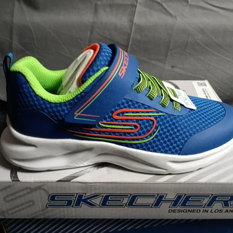 BOXED PAIR OF SKECHERS KIDS' TRAINERS – BLUE & NEON GREEN, VELCRO STRAP - UK SIZE2