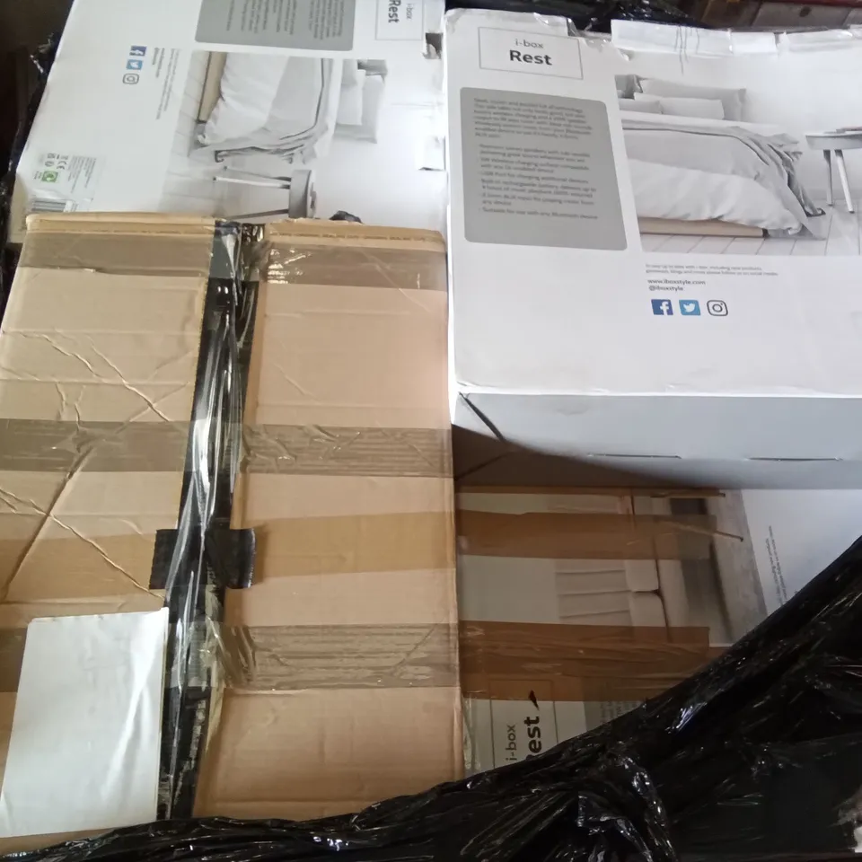PALLET OF ASSORTED ELECTRONICS INCLUDING I-BOX REST BLUETOOTH TABLE SPEAKER WITH WIRELESS CHARGING ROUND , I-BOX SQUARE REST BLUE TOOTH TABLE WITH WIRELESS CHARGING WHITETABLE 