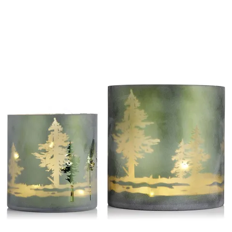 HOME REFLECTIONS SET OF 2 FROSTED GLASS HURRICANE WITH LED LIGHT STRANDS