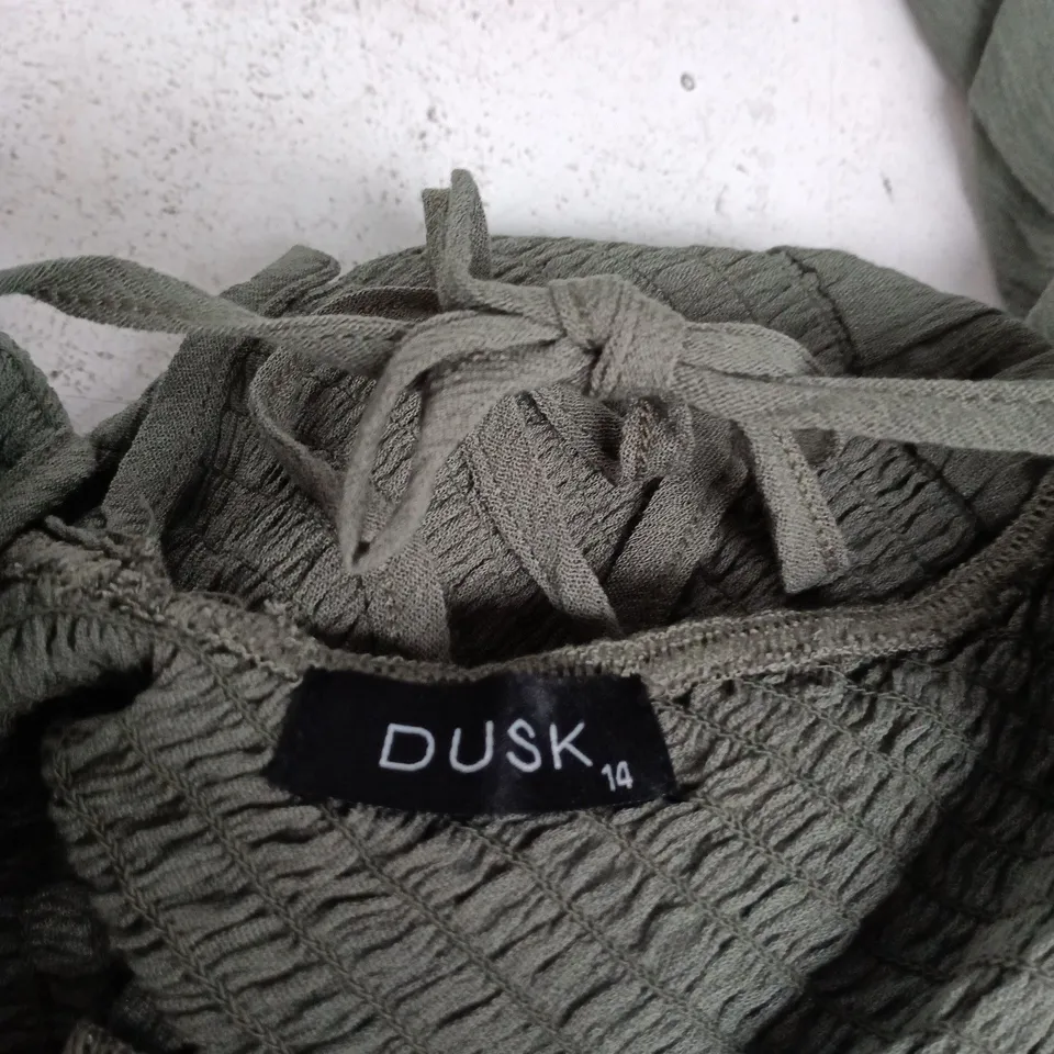 DUSK SHIRRED FRILL MAXI DRESS – OLIVE, UK 14