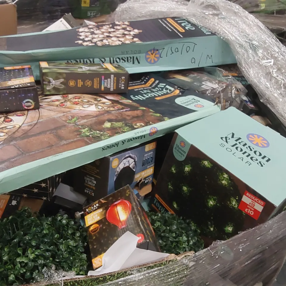PALLET CONTAINING A LARGE ASSORTMENT OF UNCHECKED ELECTRICAL PRODUCTS/GARDEN DECORATIONS INCLUDING: GARDEN LIGHTS, TOASTER, WIRELESS PHONE CHARGING PAD, BODY SHAVER ECT