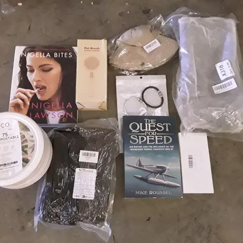 PALLET CONTAINING 6 BOXES OF ASSORTED PRODUCTS INCLUDING THE QUEST FOR SPEED BOOK, COMPOSTABLE STRONG BOWLS, LEG WARMERS, TRAVEL BAG, KEYRINGS, PET BRUSH