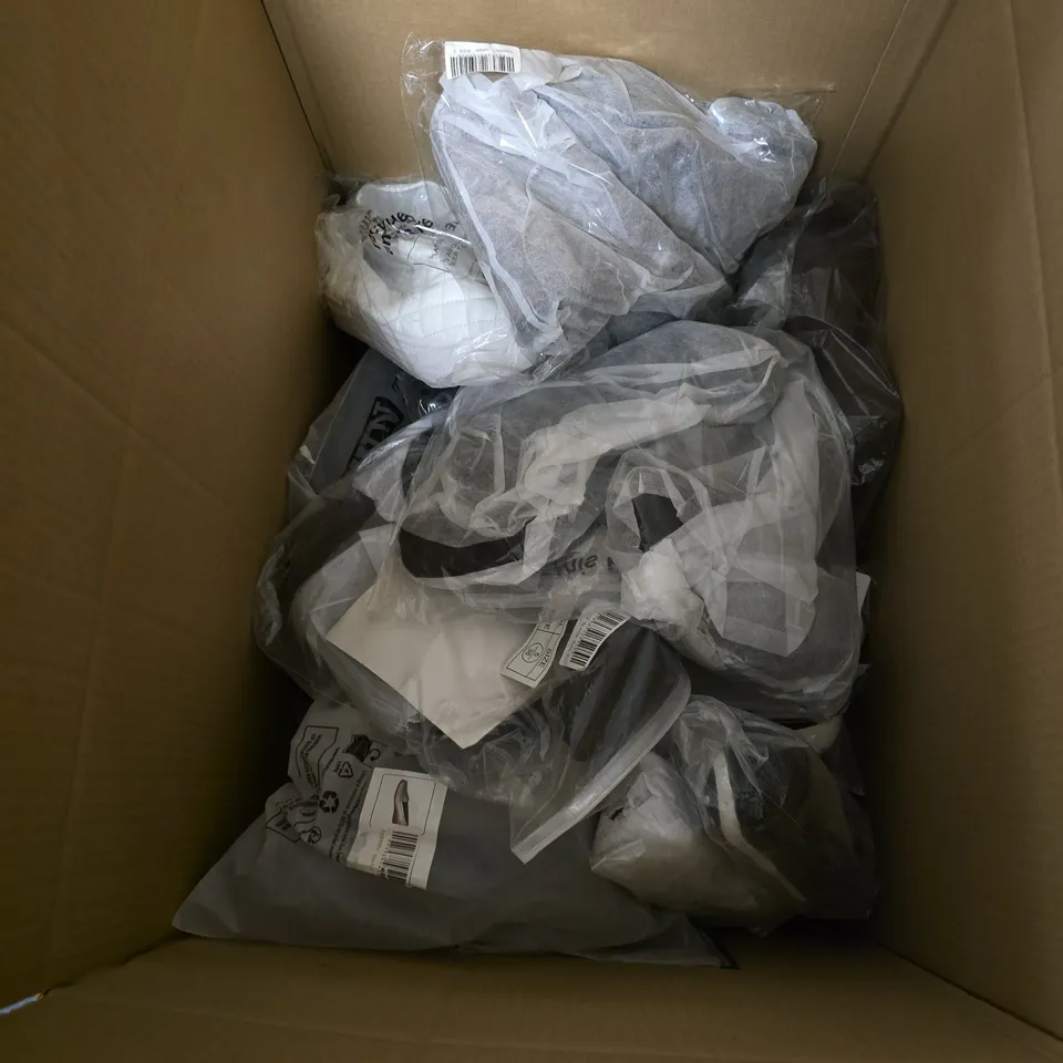 BOX OF APPROXIMATELY 15 PAIRS OF UNBOXED SHOES IN VARIOUS STYLES , COLOURS AND SIZES