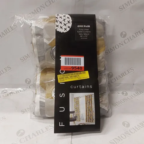 BAGGED GREY/OCHRE FULLY LINED EYELET CURTAINS - APPROXIMATELY 168 x 183CM