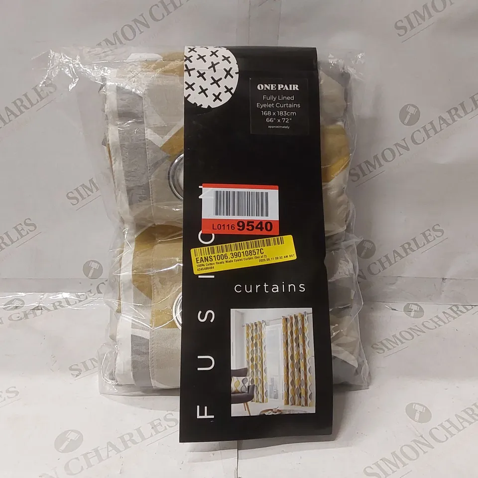 BAGGED GREY/OCHRE FULLY LINED EYELET CURTAINS - APPROXIMATELY 168 x 183CM