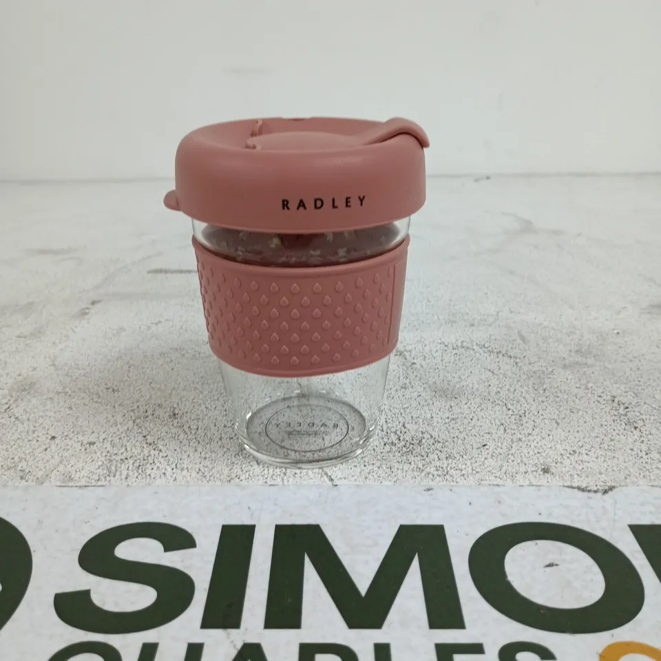 RADLEY GLASS TRAVEL CUP WITH PINK SILICONE SLEEVE