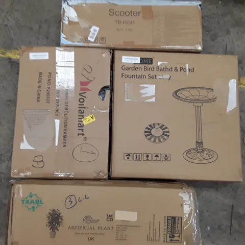 PALLET TO CONTAIN AN ASSORTMENT OF HOUSEHOLD ITEMS TO INCLUDE BIRD BATH AND POND, SCOOTER, ARTIFICIAL PLANT AND DEMOLITION HAMMER ECT