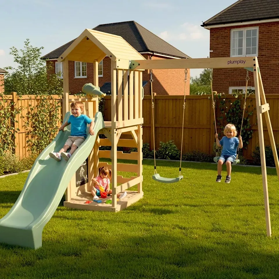 BOXED PLUM WOODEN LOOKOUT TOWER WITH DOUBLE SWING - PASTEL GREEN (7 PIECES) RRP £749.99