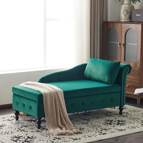 MODERN NAILHEAD-TRIM & BUTTON-TUFTED LOUNGE CHAIR, VELVET CHAISE LOUNGE SOFA WITH STORAGE, BEDROOM AND OFFICE - GREEN