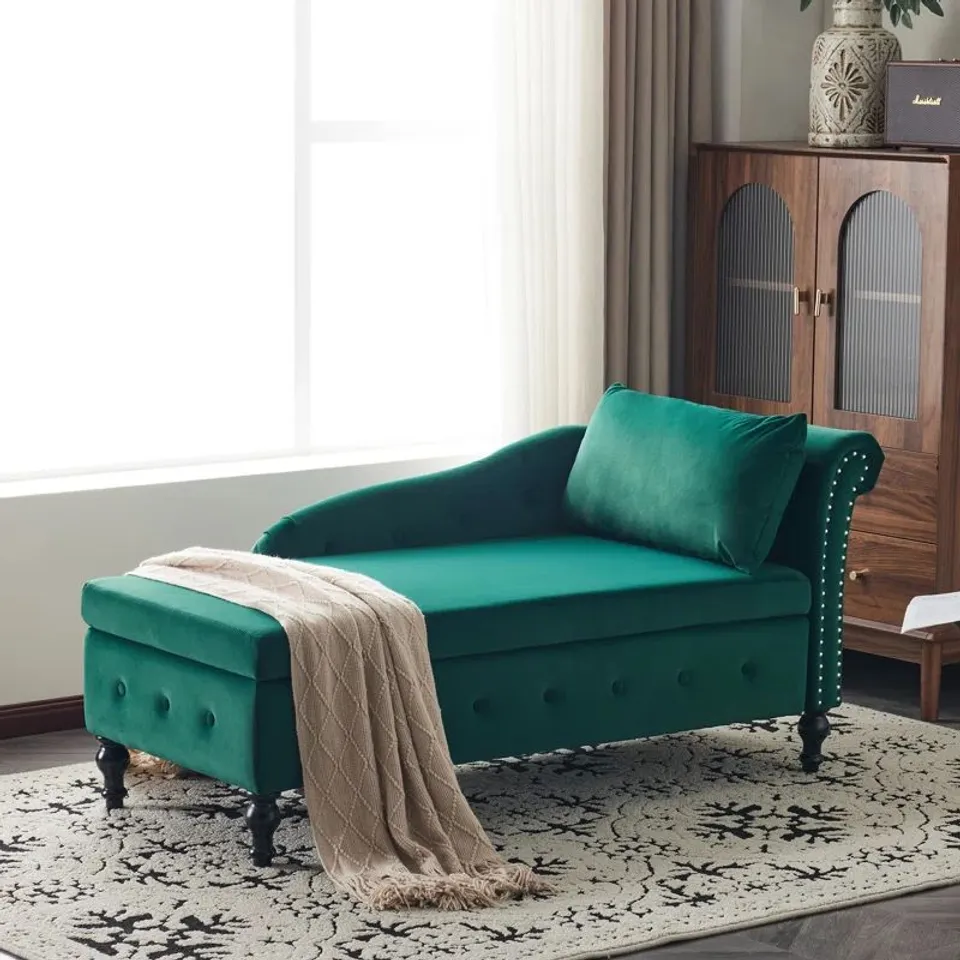 MODERN NAILHEAD-TRIM & BUTTON-TUFTED LOUNGE CHAIR, VELVET CHAISE LOUNGE SOFA WITH STORAGE, BEDROOM AND OFFICE - GREEN