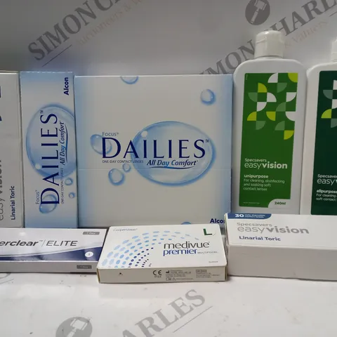 BOX OF APPROX 25 ASSORTED CONTACT LENSES AND CONTACT LENSE SOLUTIONS