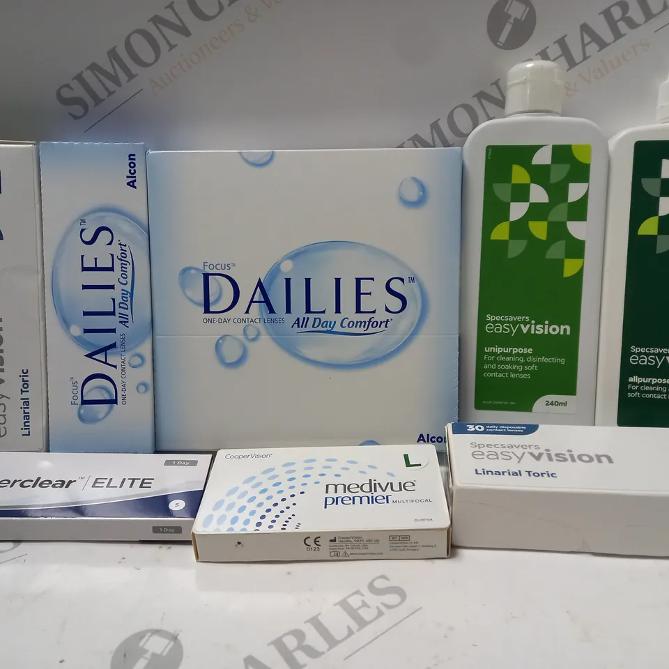 BOX OF APPROX 25 ASSORTED CONTACT LENSES AND CONTACT LENSE SOLUTIONS