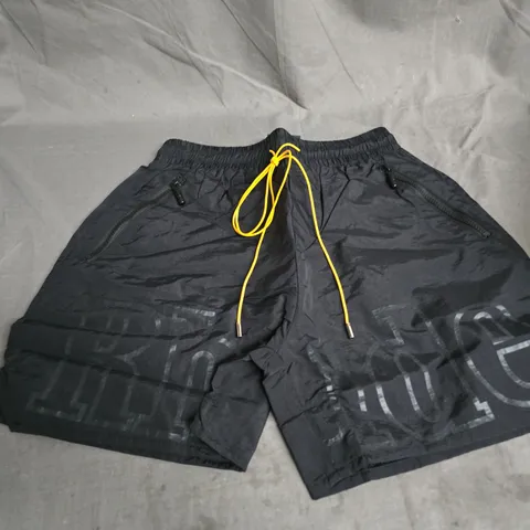 RHUDE BLACK DRAWSTRING SHORTS – NEON YELLOW LACES, MEN’S SIZE M