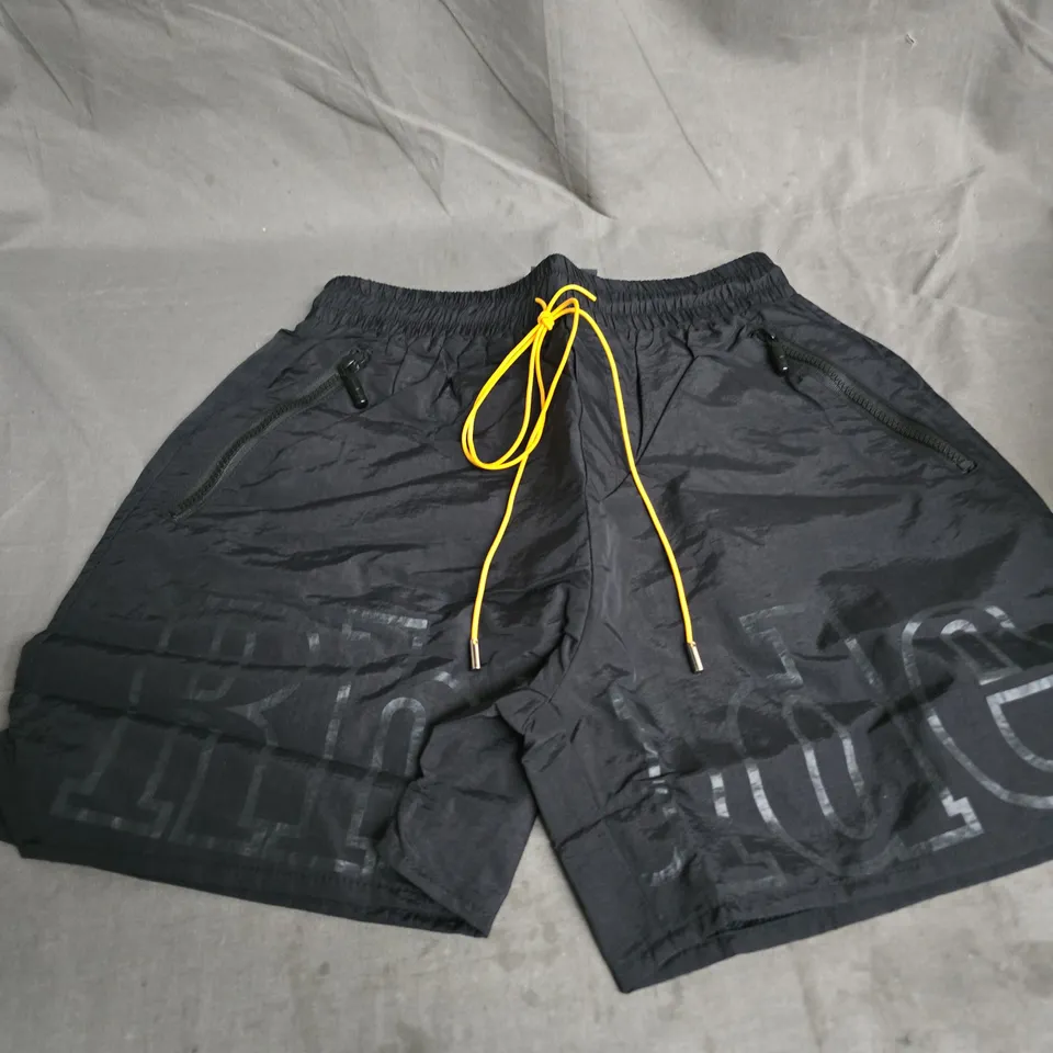RHUDE BLACK DRAWSTRING SHORTS – NEON YELLOW LACES, MEN’S SIZE M