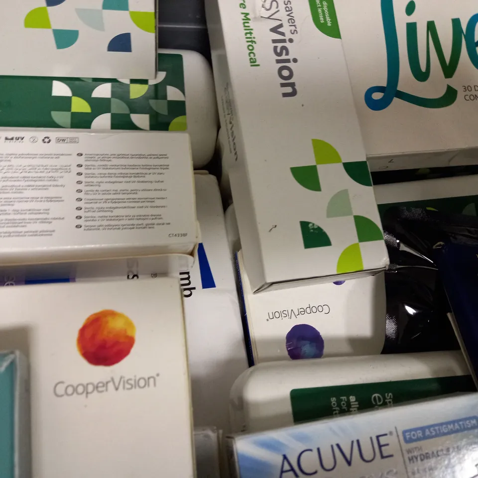 BOX OF APPROX 25 ASSORTED CONTACT LENSES AND CONTACT LENSE SOLUTIONS