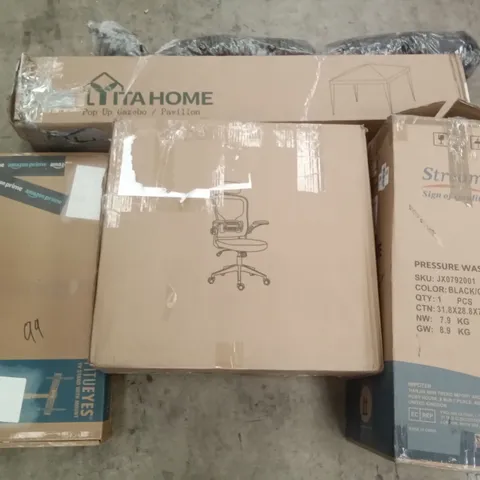 PALLET OF ASSORTED ITEMS INCLUDING STREAM PRESSURE WASHER, OFFICE CHAIR, LYITA HOME POP UP GAZEBO, FITUEYES TV STAND WITH MOUNT