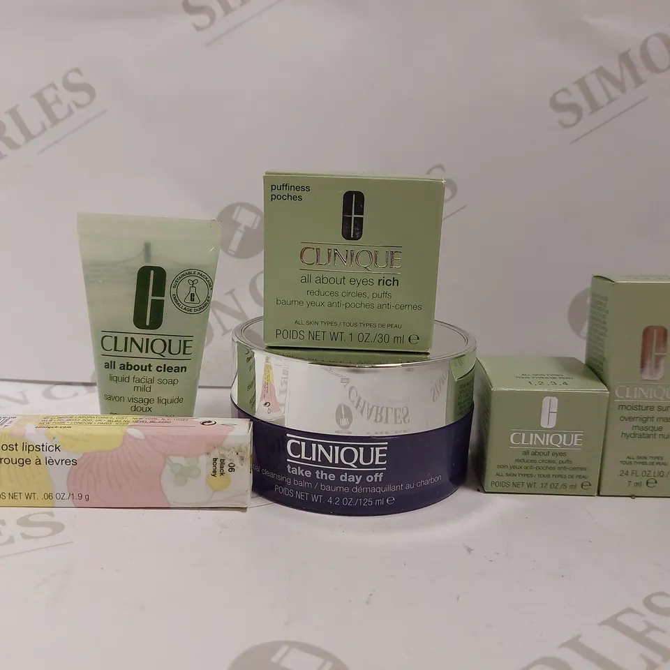 BOX OF APPROX 6 CLINIQUE PRODUCTS TO INCLUDE TAKE THE DAY OFF CLEANSING BALM, MOISTURE SURGE NIGHT MASK, LIPSTICK