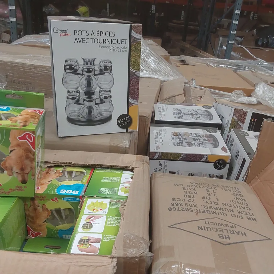PALLET TO CONTAINING A VERY LARGE QUANTITY OF ASSORTED ITEMS INCLUDING: SPICE JARS, DOG FOOD BOWLS, SAFETY GRIP HANDLES, CHRISTMAS PENCILS ECT