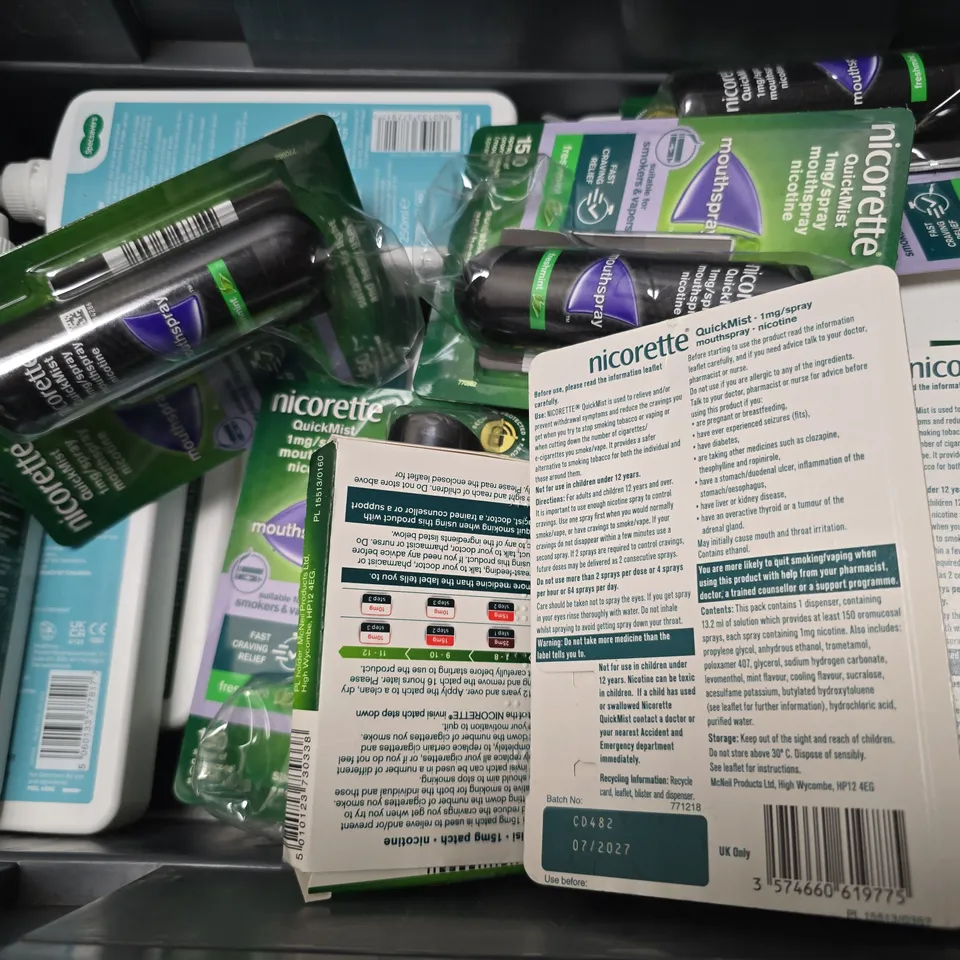 APPROXIMATELY 15 ASSORTED VISION CARE ITEMS & NICOTINE TO INCLUDE - NICORETTE QUICK MIST MOUTHSPRAY , SPECSAVERS UNI PURPOSE , SPECSAVERS ALL PURPOSE ETC
