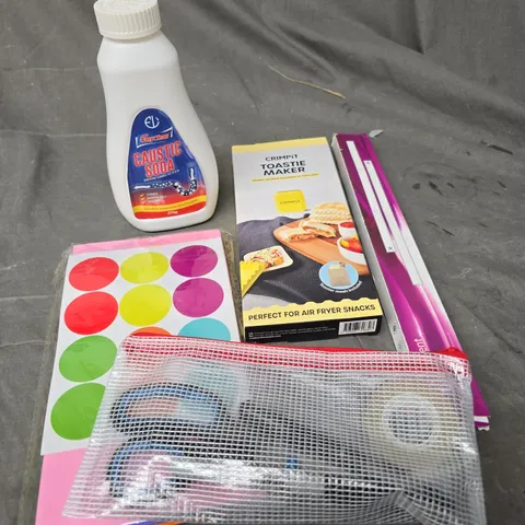 APPROXIMATELY 15 ASSORTED HOUSEHOLD ITEMS TO INCLUDE CAUSTIC SODA, CRIMPIT, STATIONARY ETC