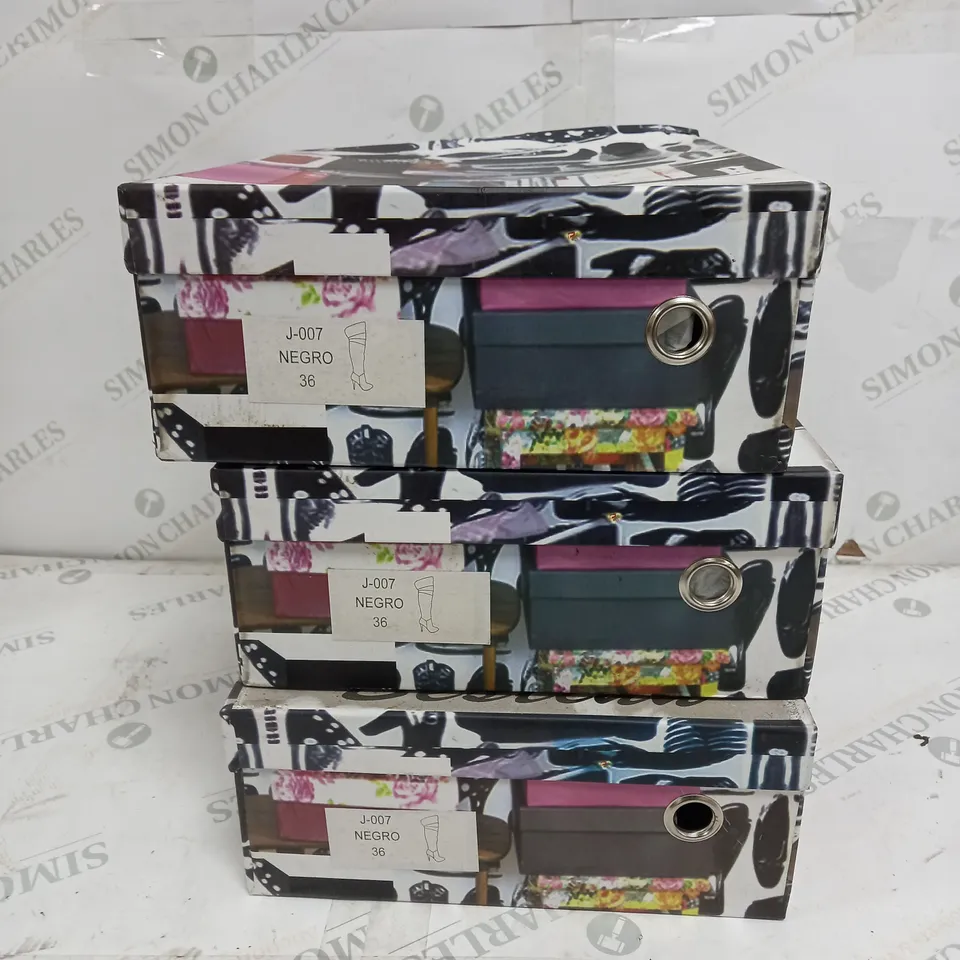 3 BOXED PAIRS OF BESTINN BLACK KNEE-HIGH HEELED BOOTS SIZE 36