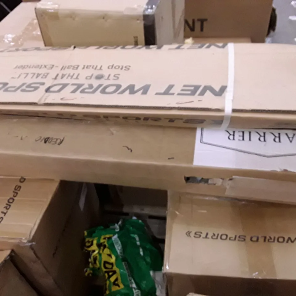 PALLET OF ASSORTED SPORTING PARTS TO INCLUDE PARTS FROM TEAM SHELTERS, SOCCER GOALS AND STOP THAT BALL EXTENDER