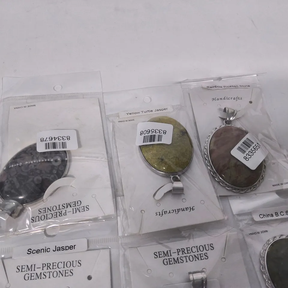 LOT OF 8 BRAND NEW SEMI-PRECIOUS GEMSTONE NECKLACE PENDANTS TO INCLUDE RAINBOW PICASSO STONE AND SCENIC JASPER