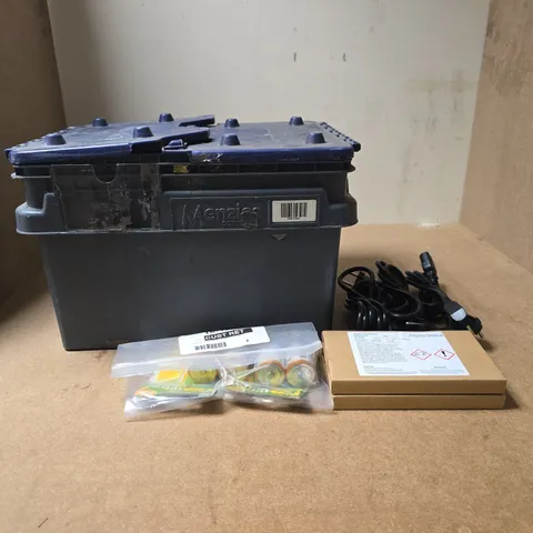 BOX OF APPROXIMATLEY 45 ASSORTED ITEMS TO INCLUD GP ULTRA HIGH PERFORMACE BATTERIES, LARGE QUANTITY OF ROBNOR RESIN LAB EPOXY COMPOSITE, HARD WEARING TOOL BOX/STORAGE CONTAINER, EISCO METALWARE SET DE