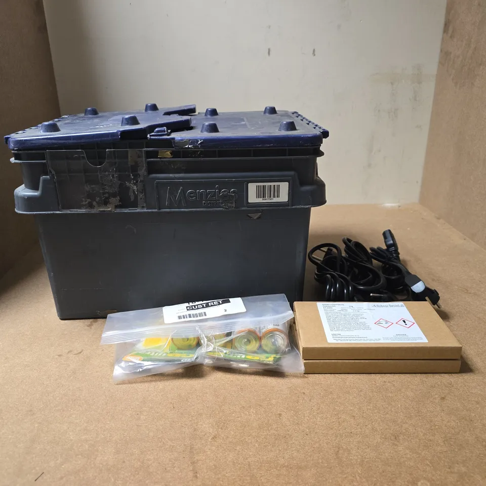BOX OF APPROXIMATLEY 45 ASSORTED ITEMS TO INCLUD GP ULTRA HIGH PERFORMACE BATTERIES, LARGE QUANTITY OF ROBNOR RESIN LAB EPOXY COMPOSITE, HARD WEARING TOOL BOX/STORAGE CONTAINER, EISCO METALWARE SET DE