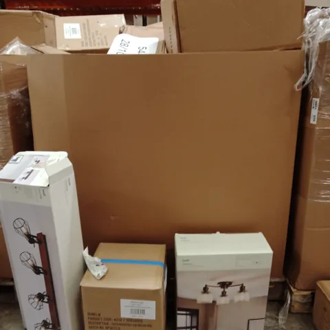 PALLET OF ASSORTED DESIGNER LIGHTING PRODUCTS TO INCLUDE;TOBIAS 3 LIGHT CEILING LIGHT,AMBER TABLE LAMP,FULTON 4 LIGHT SPOTLIGHT BAR