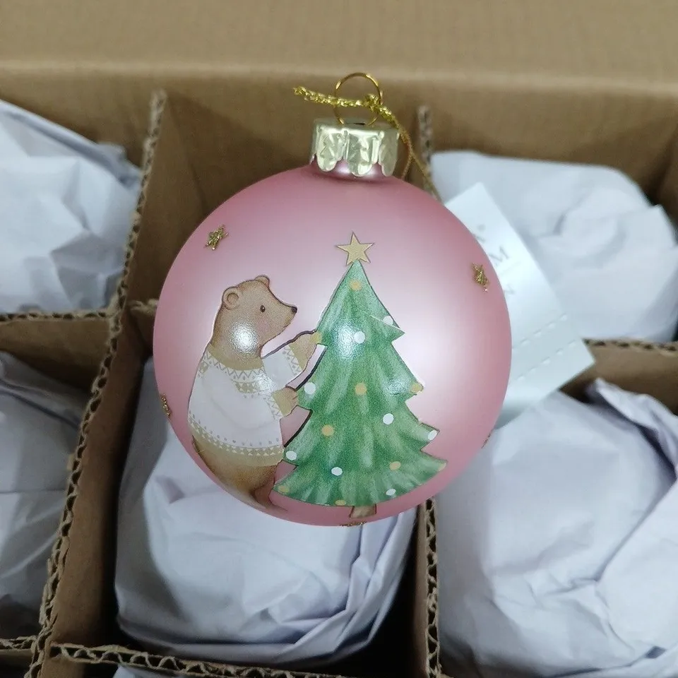 SET OF 12 PINK CHRISTMAS BAUBLES WITH BEAR & TREE DESIGN