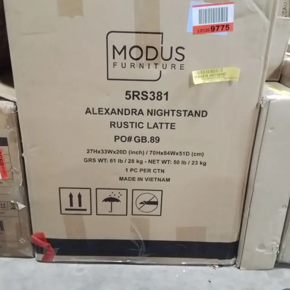 BOXED KYMAR 2 DRAWER NIGHTSTAND IN RUSTIC LATTE 