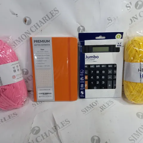 BOX OF APPROXIMATELY 6 ASSORTED ITEMS TO INCLUDE - DOTTED NOTEBOOK - JUMBO CALCULATOR - HELLO LOVE YARN ECT