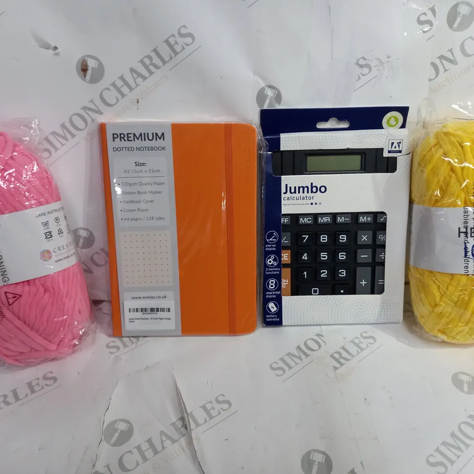 BOX OF APPROXIMATELY 6 ASSORTED ITEMS TO INCLUDE - DOTTED NOTEBOOK - JUMBO CALCULATOR - HELLO LOVE YARN ECT