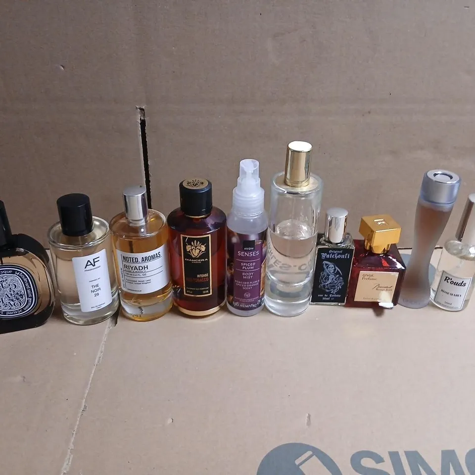 APPROXIMATELY 10 ASSORTED UNBOXED FRAGRANCES TO INCLUDE; NOTED AROMAS, GHOST, BACCARAT AND MANCERRA