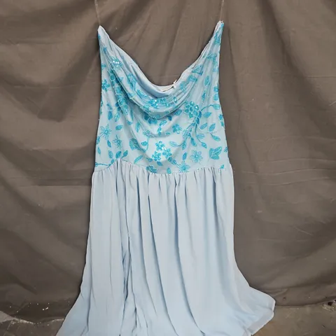 PEPPERMAYO EDEN STRAPLESS BEADED MAXI DRESS IN BLUE SIZE 20
