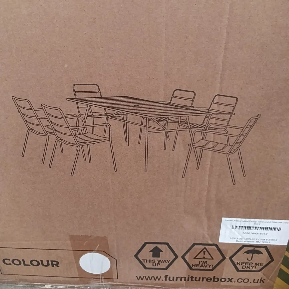 BOXED FURNITURE BOX LEROS OUTDOOR METAL DINING TABLE AND 6 CHAIRS SET CREAM (2 BOXES)