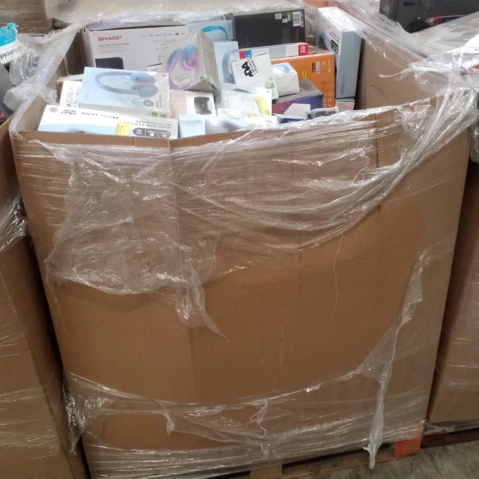 PALLET CONTAINING ASSORTED ELECTRICAL RETURNS INCLUDING BLUETOOTH CD BOOMBOX, ASSORTED HEADPHONES, PARTY SPEAKER SYSTEM, IN CAR WIRELESS CHARGER & BIG BUTTON LANDLINE PHONE