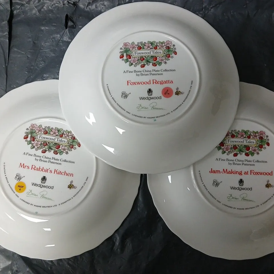 3 WEDGWOOD FOXWOOD TALES A FINE BONE CHINA 21CM PLATE BY BRAIN PATERSON TO INCLUDE MRS RABBIT'S KITCHEN, FOXWOOD REGATTA, JAM-MAKING AT FOXWOOD