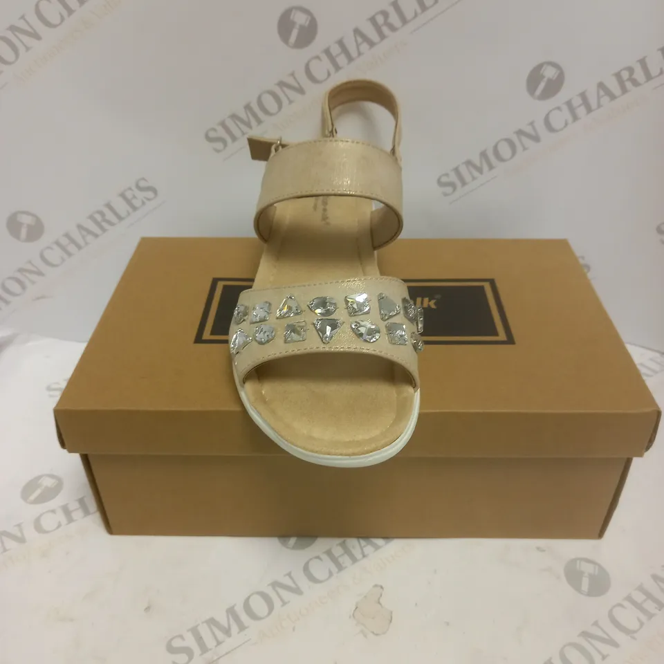 BOXED PAIR OF CUSHION WALK JEWELLED SANDALS IN GOLD - SIZE 6