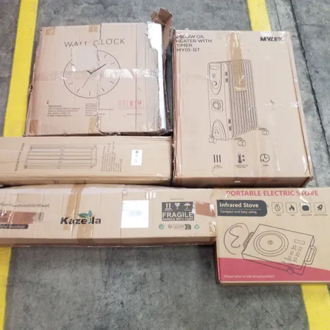 PALLET CONTAINING ASSORTED PRODUCTS INCLUDING WALL CLOCK, STUFFED ANIMAL STORAGE, ARTIFICIAL PLANTS, PORTABLE ELECTRIC STOVE & 2500W OIL HEATER WITH TIMER